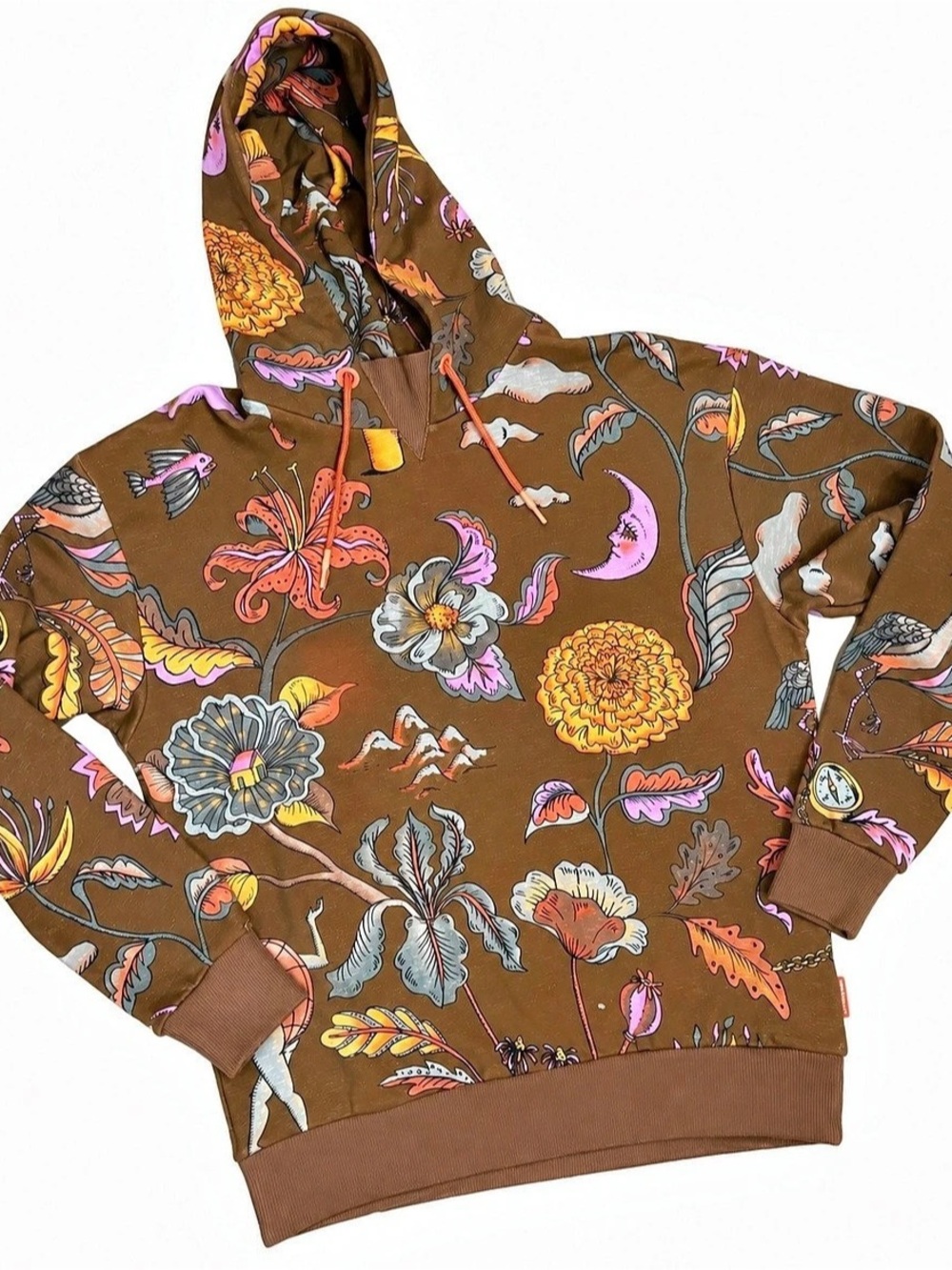 Scotch & Soda Whimsical Floral Pullover Hoodie in Brown & Pink Womens Large